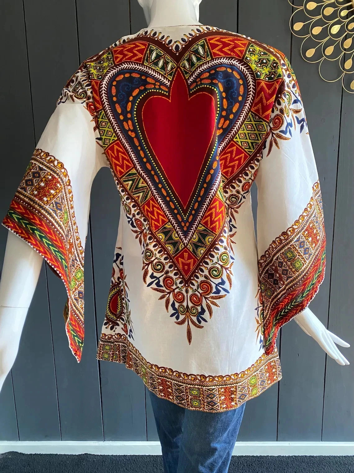 Vintage 70s Dashiki Tunic Bell Sleeve Boho Hippie Blouse Kaftan Poncho Top OS