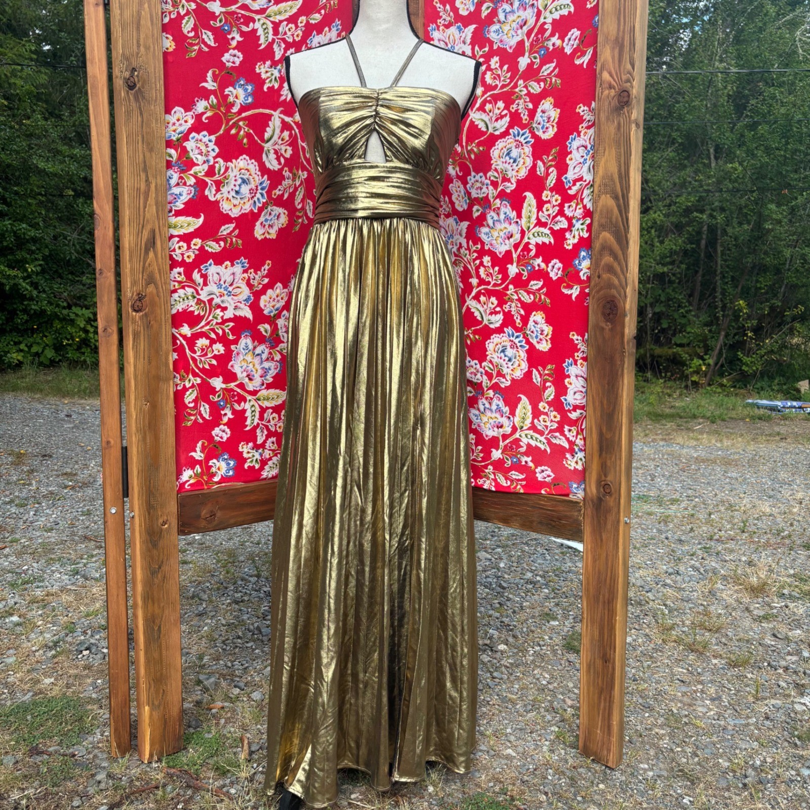 Gold 1930s Style Metallic Cross Halter Pleated Goddess Maxi Dress Women’s Size M