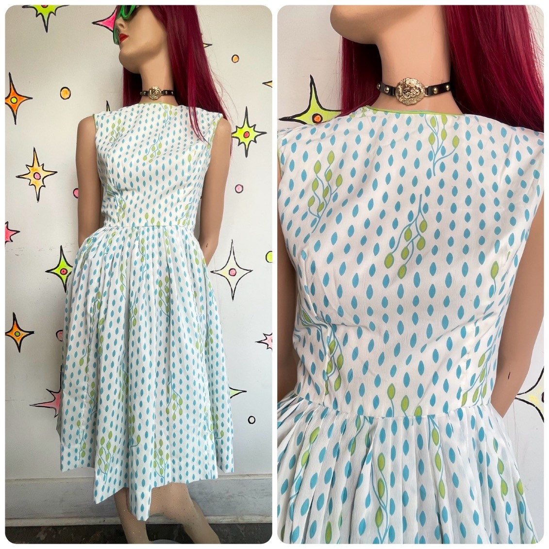 Vintage 1950s White & Blue Floral Twirl Dress Retro Rockabilly Fit & Flare S
