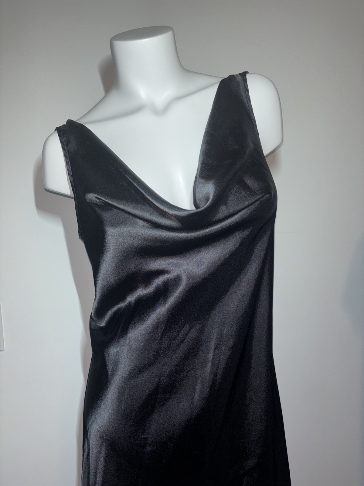 Vintage Y2K Private Luxuries Black Satin Slip Nightgown Cowl Neck Size M