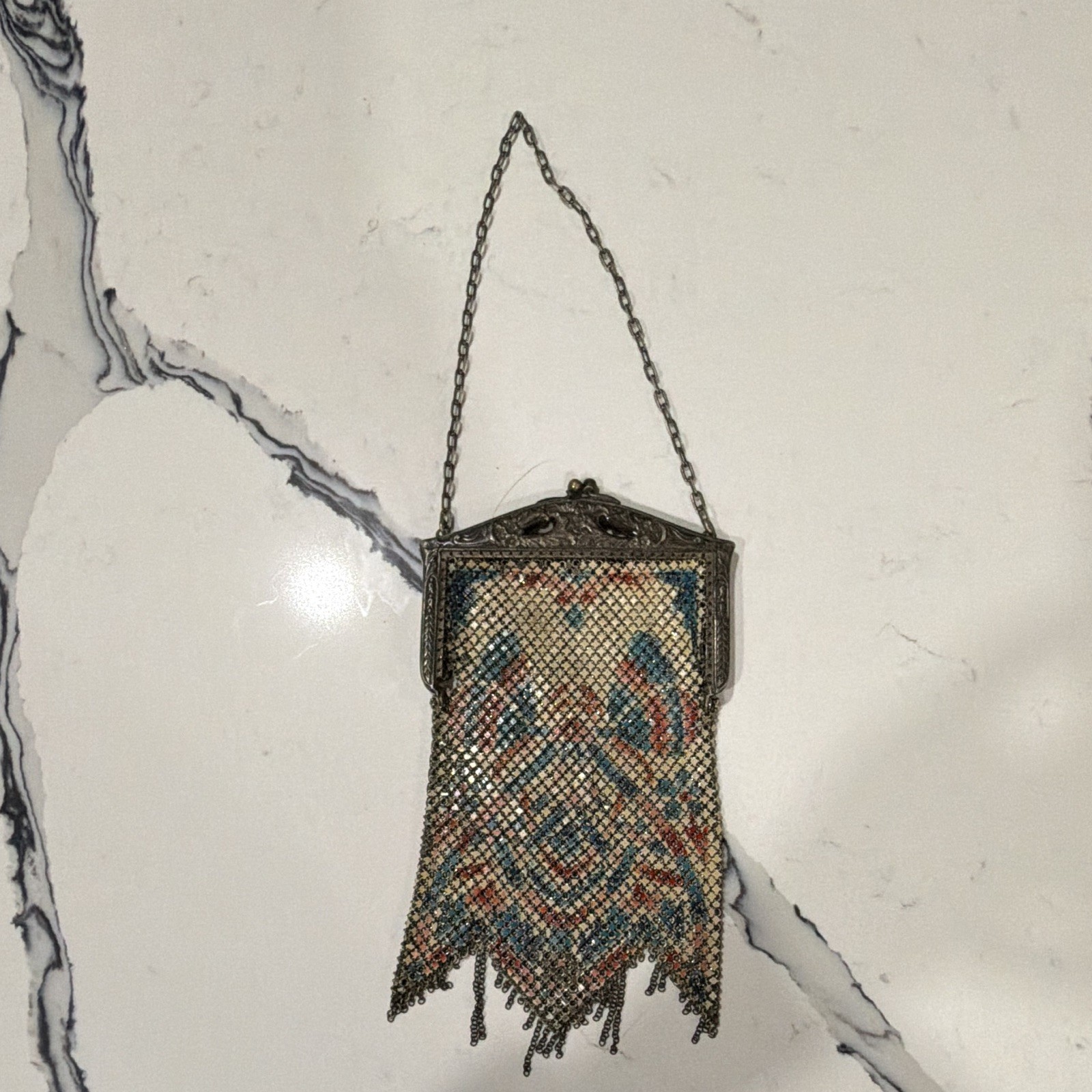 Mandalian Mfg Co Art Deco 1920s Enamel Metal Mesh Chain Purse Multicolor