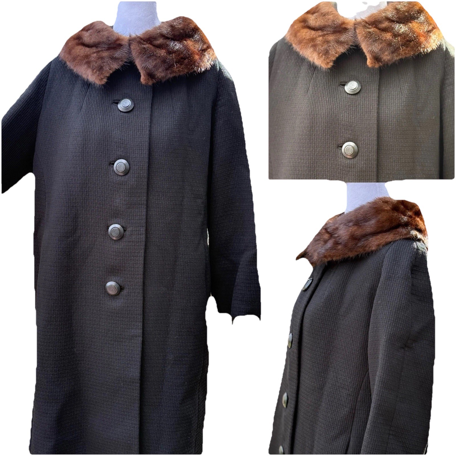 Vtg Coat Rothschild Black Wool Old Hollywood Classic Brown Fur Collar L XL 42