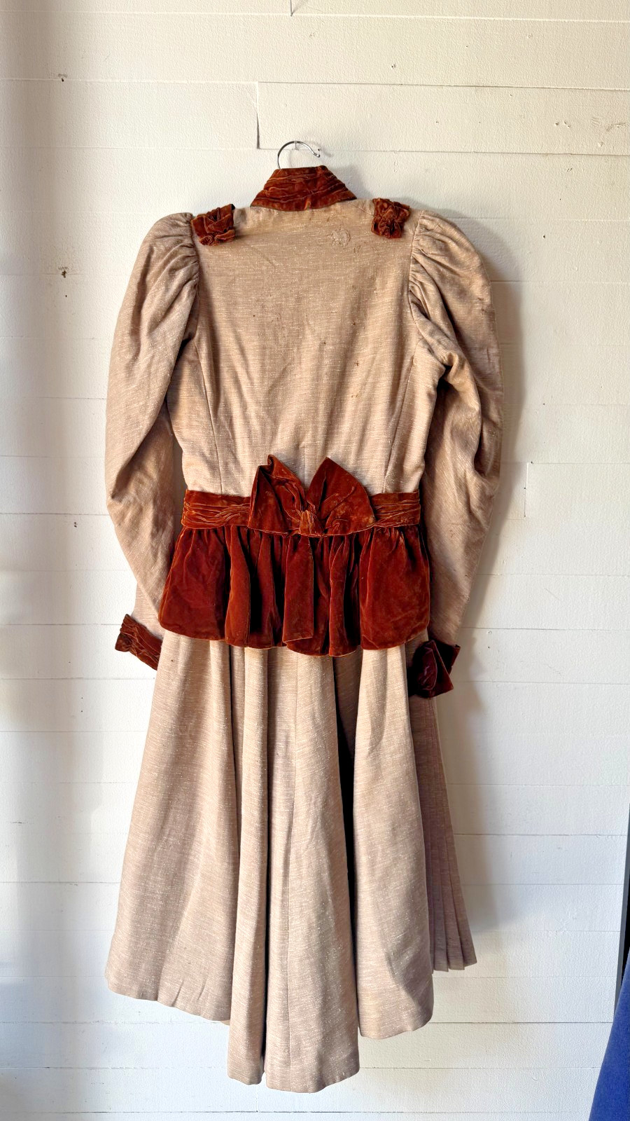 Vintage Edwardian 2 piece bodice and skirt high collar slub silk velvet trim