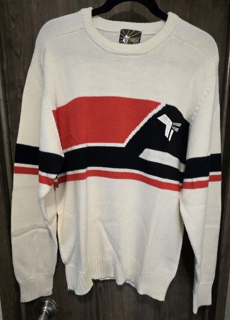 Vintage Tyrolia Knit Sweater Cream Red Black Geometric Ski Retro