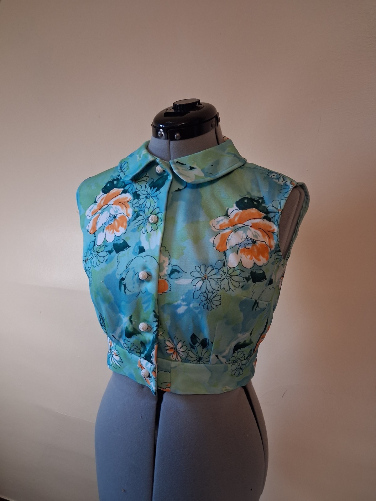 vintage 60s crop top, Floral Button Up Peter Pan Collar Polyester Sz S Disco