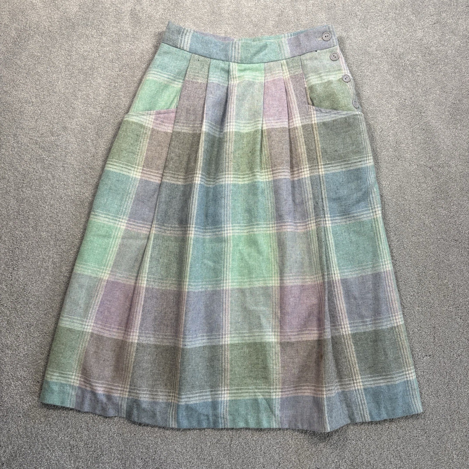 1970s Pastel Plaid Skirt Wool Blend Union Made USA Size 10 Vintage