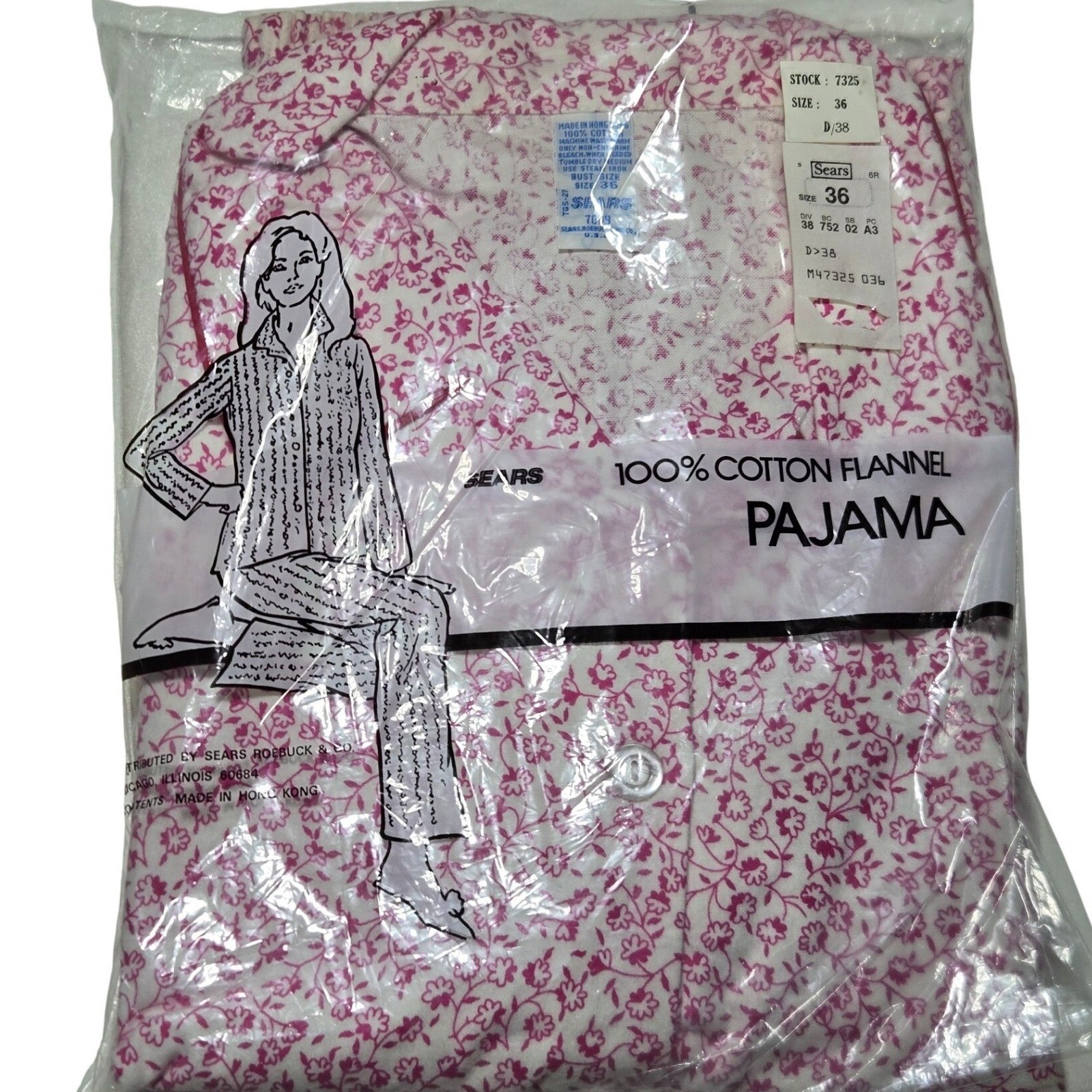 Vintage Sears 100% Cotton Flannel Pajamas Pink Floral Set Women’s 36 New In Bag