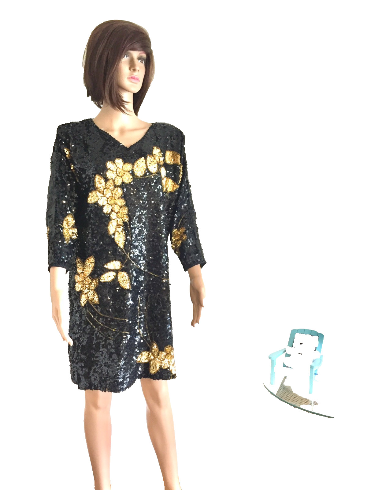 Vintage 80 -s Stunning Princess Boutique Dress Disco Sequin Black Gold Leaf EUC