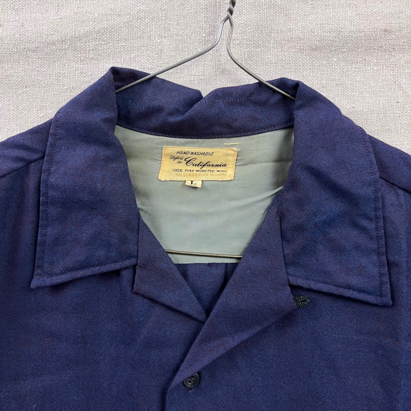 Vintage 60s Styled in California Navy Blue Worsted Wool Camp Collar Shirt Mens L
