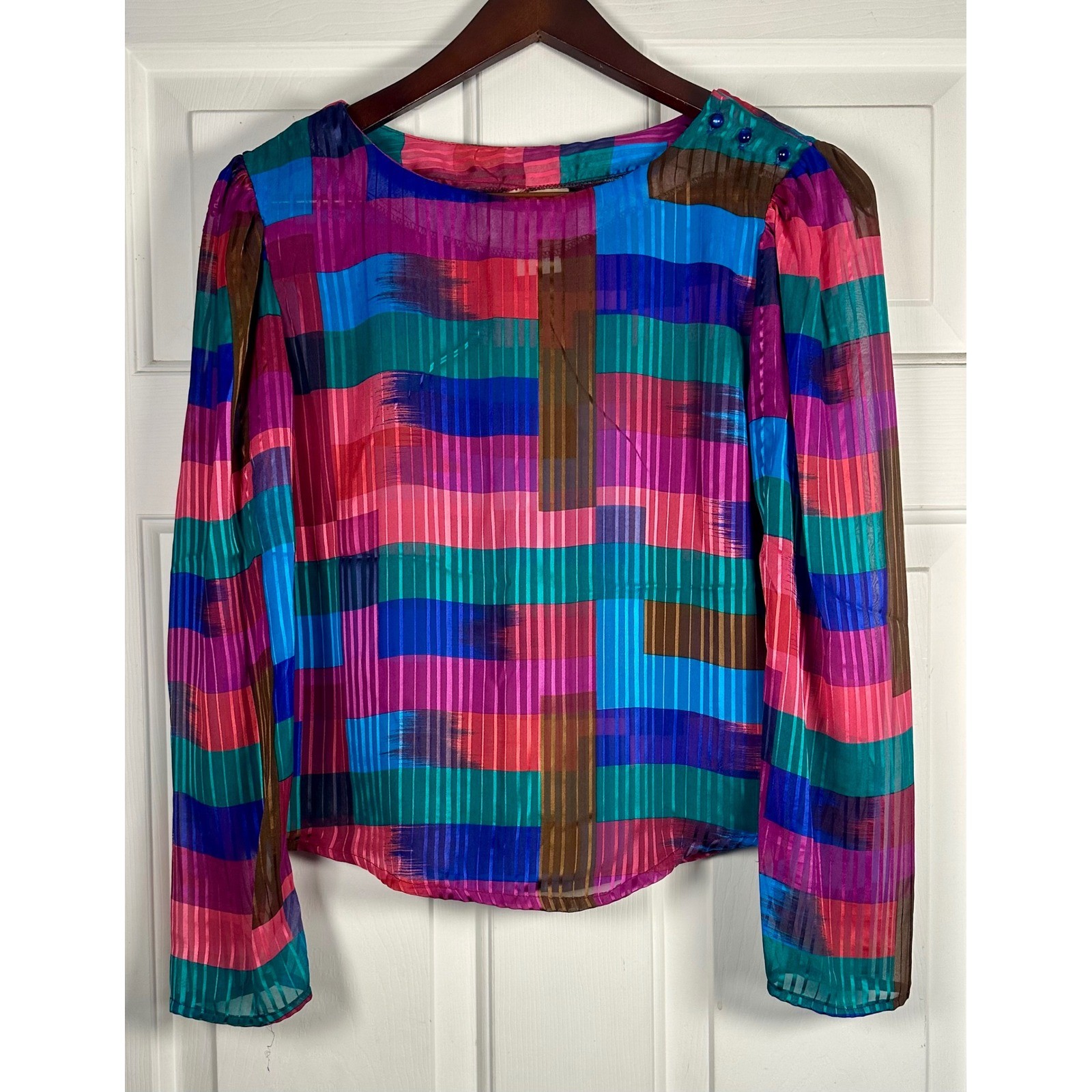 Vintage Eber San Francisco Womens Jewel Tone Geometric Sheer Blouse Sz M