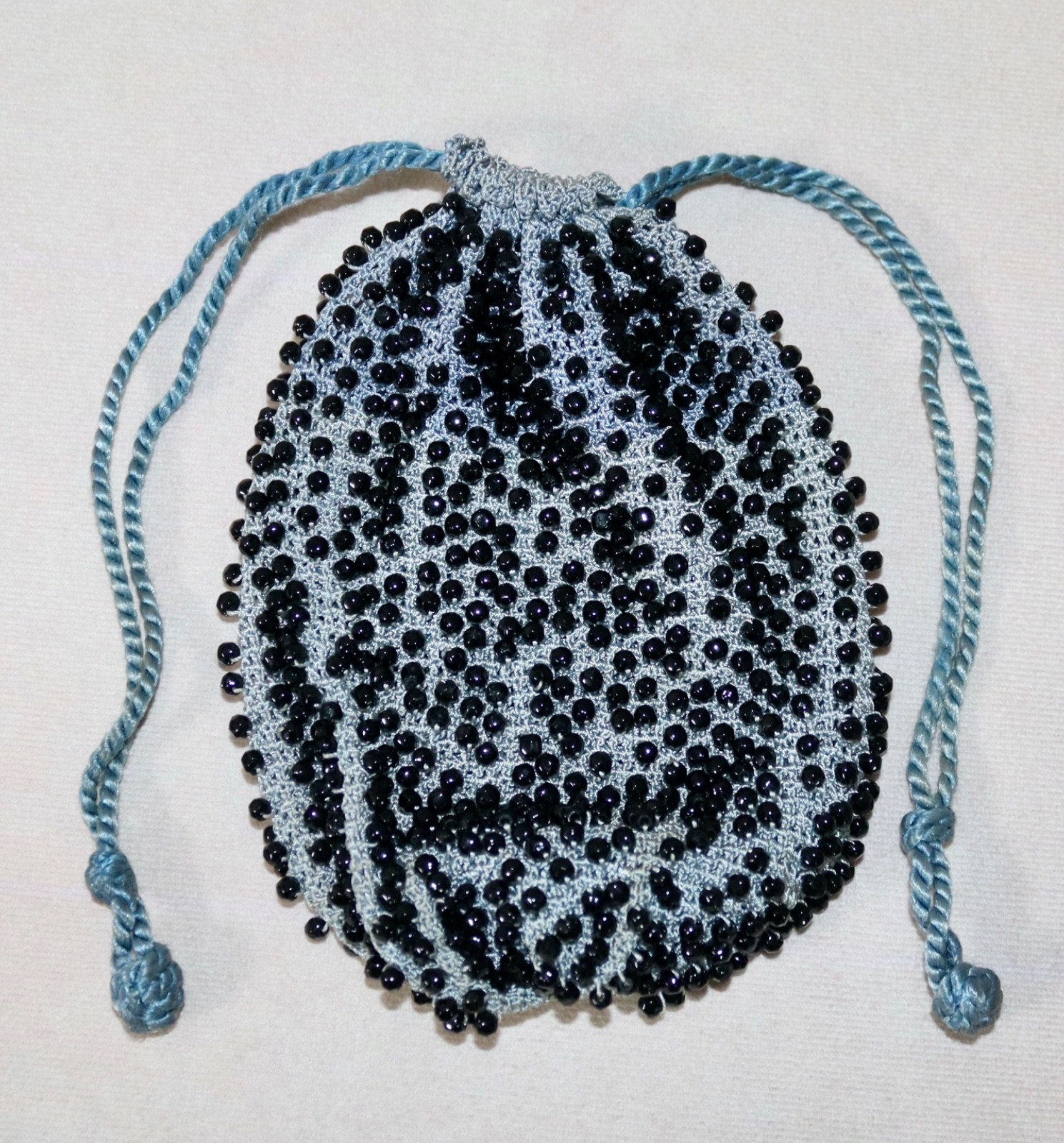 Blue With Black Beads ~ Vintage Art Deco Drawstring Bag Wristlet Coin Purse