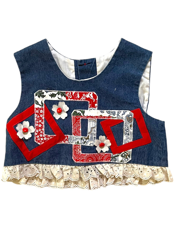 Vintage Girls Sz 5 Chocolate Soup Denim Vest Sleeveless Top Lace Red White Blue
