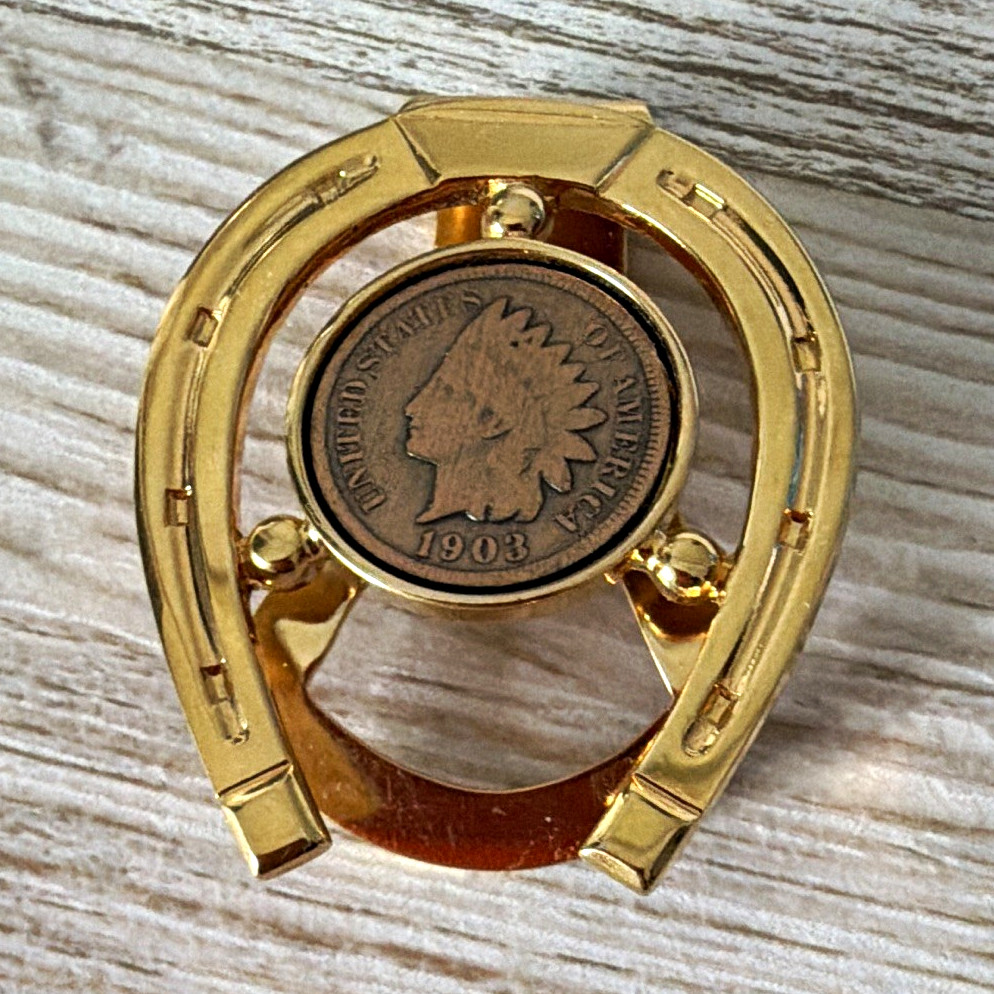 Anson Gold Tone Horseshoe Money Clip w/ 1903 Indian Head Cent Coin