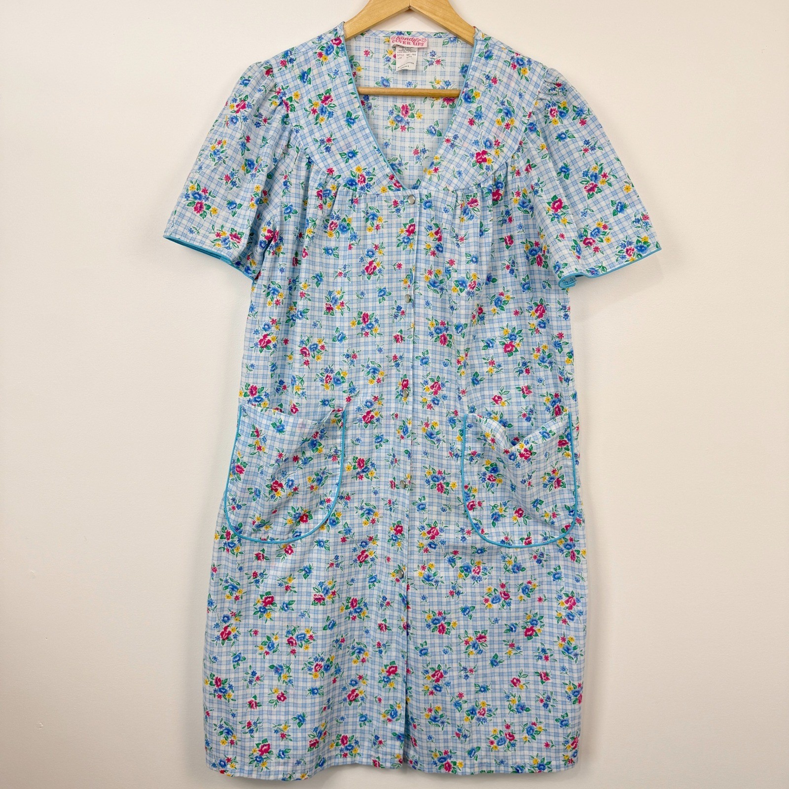 Vintage Kandy’s Cover Ups House Dress Women Small Blue Floral Gingham Grannycore