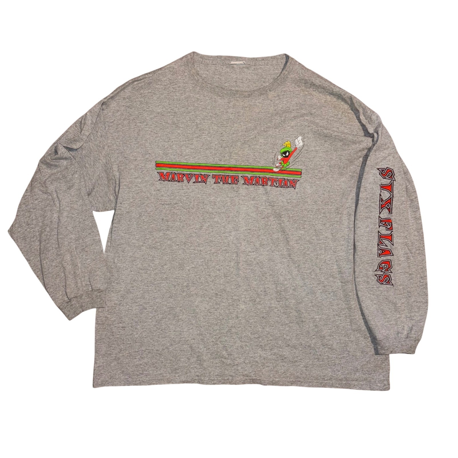 Vintage Six Flags Marvin the Martian Long Sleeve Shirt Gray Graphic Mens XL 2XL