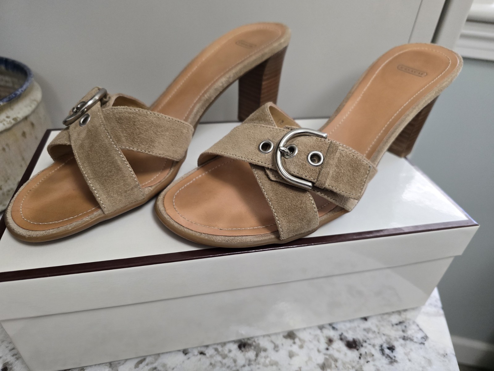 Vintage Coach Neena Suede Slide, Buckle, Women’s 8, Camel, W/Box Excellent Shape
