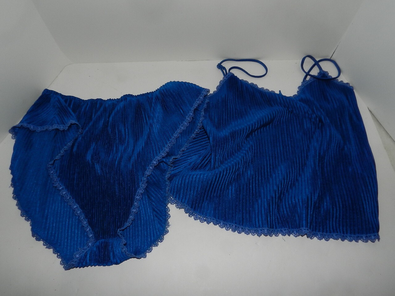 Vtg Maidenform Camisole Panties Set 7/34 Hi Cut Long Line Pleated Elegance blue