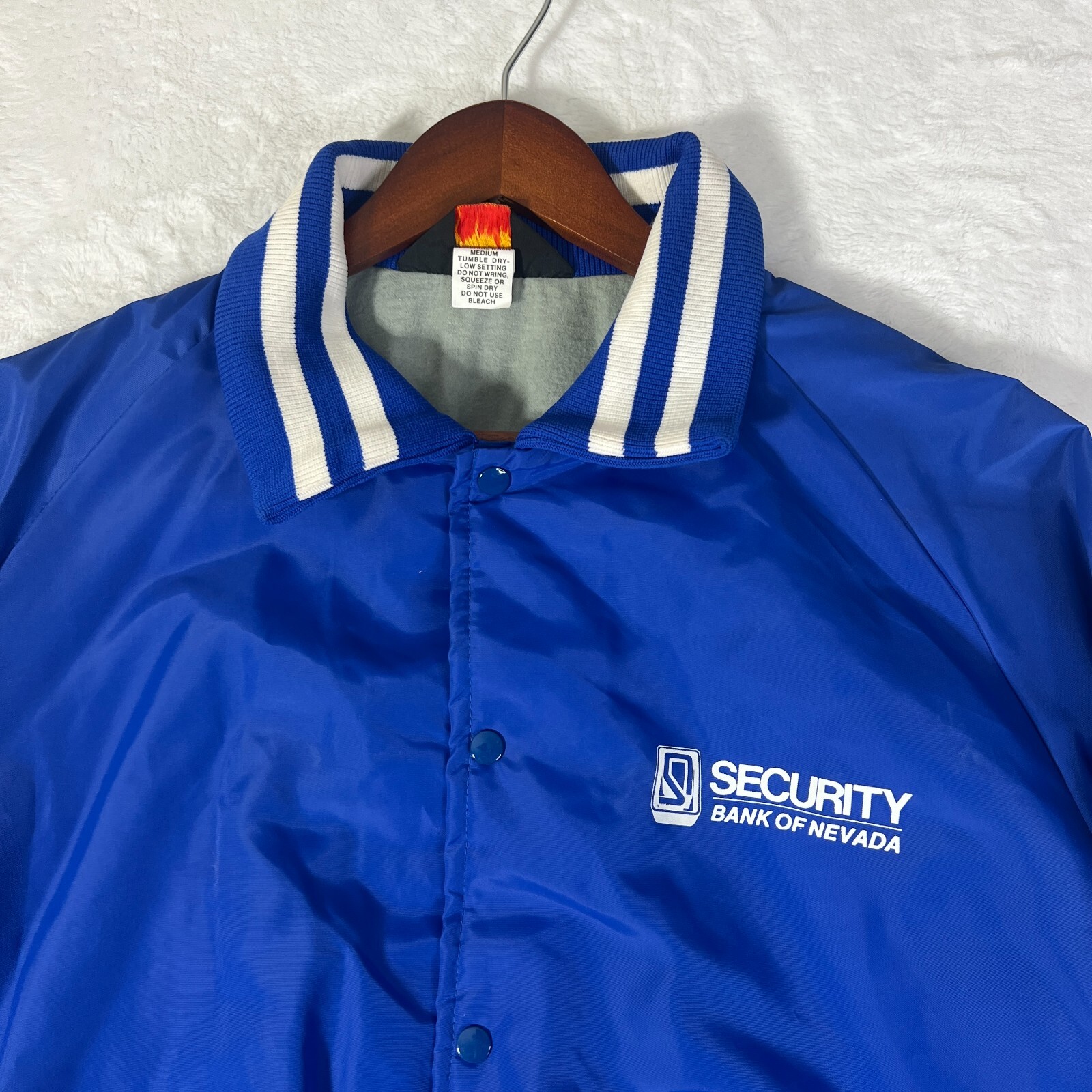 VTG Pla-Jac By Dunbrook Blue Satin Bank Security Bomber Jacket Nylon Mens XL