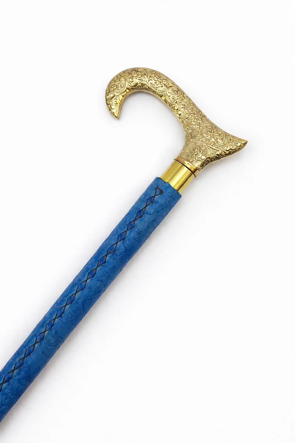Handmade Blue Leather Wooden Walking Stick Brass Flower -Design Head Handle Gift
