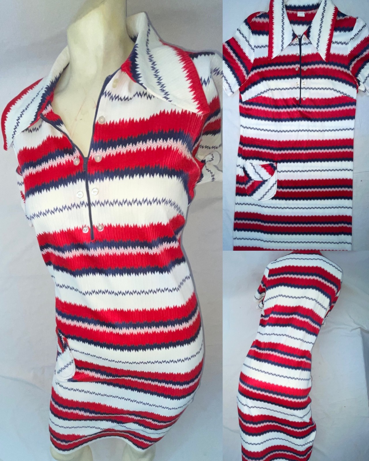 VTG 60S 70S WOMENS S ZIG ZAG MISSONI STYLE STRIP DISCO MOD RETRO DRESS