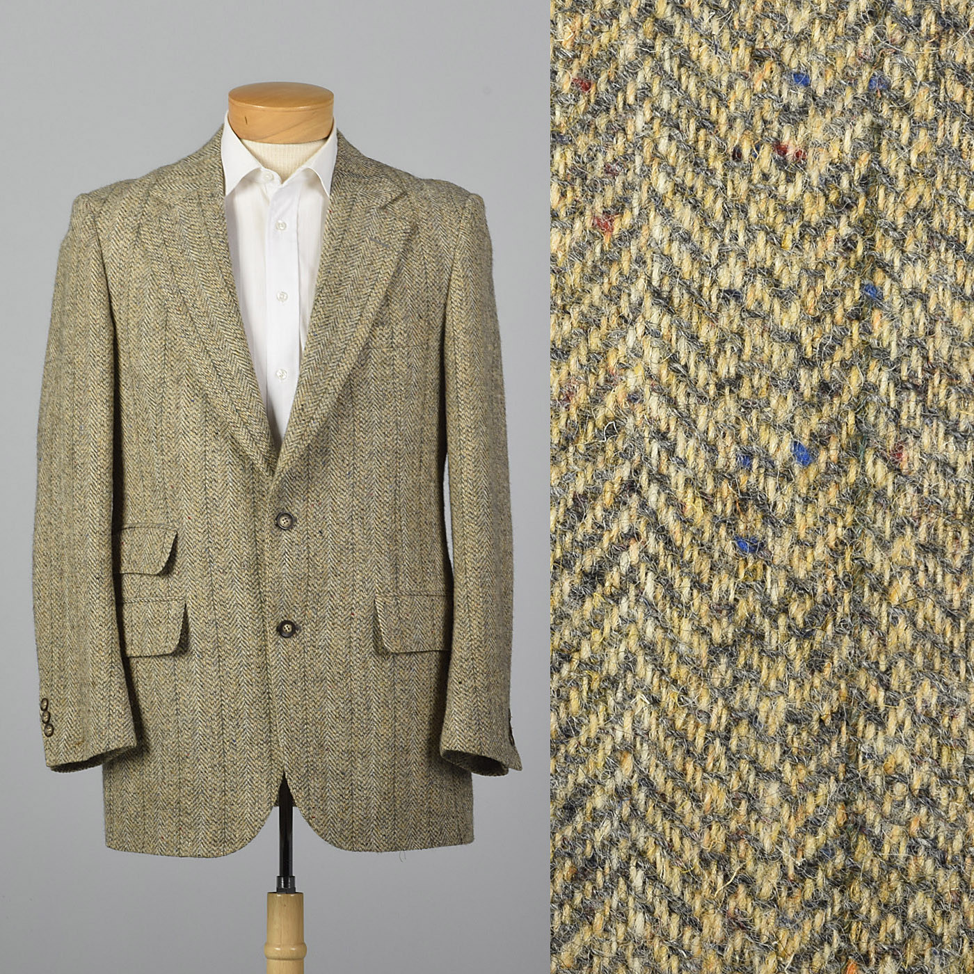 Large 41L 1970s Tan Tweed Suit Jacket Convertible Pocket Wide Lapels Single Vent