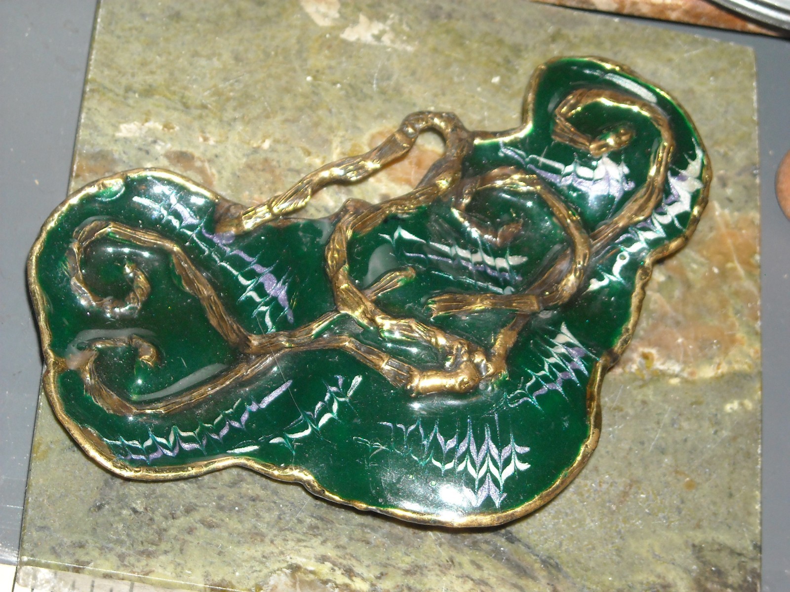 vintage artist brass enamel green white gray large belt buckle 4 7/8X3 1/2approx
