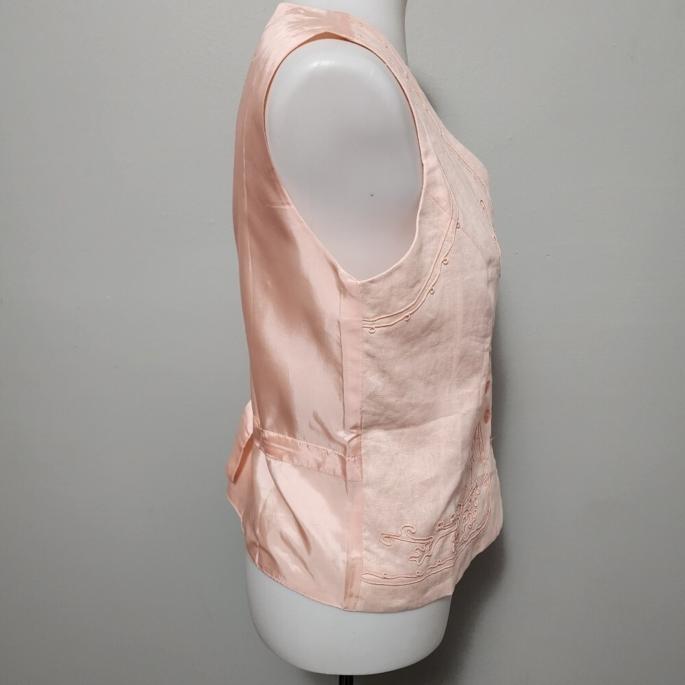 Vintage Stephanie Andrews 80s Peach Embroidered Linen Waistcoat Vest Size Medium