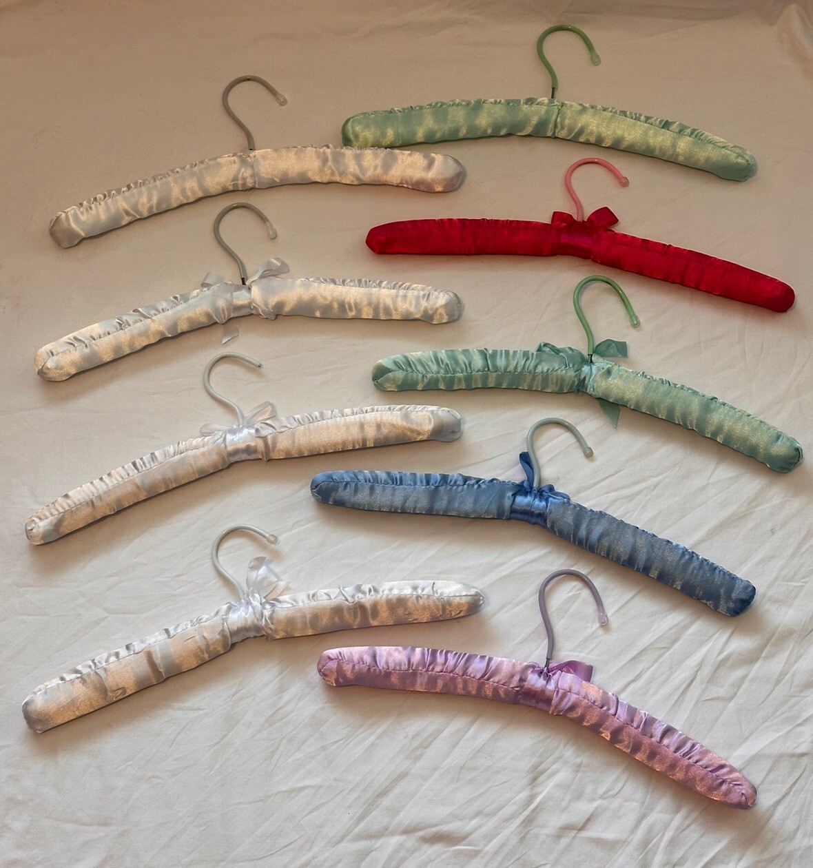 9 X Vintage Padded Fabric Covered Coat Hangers Satin ? White Pink Blue Green