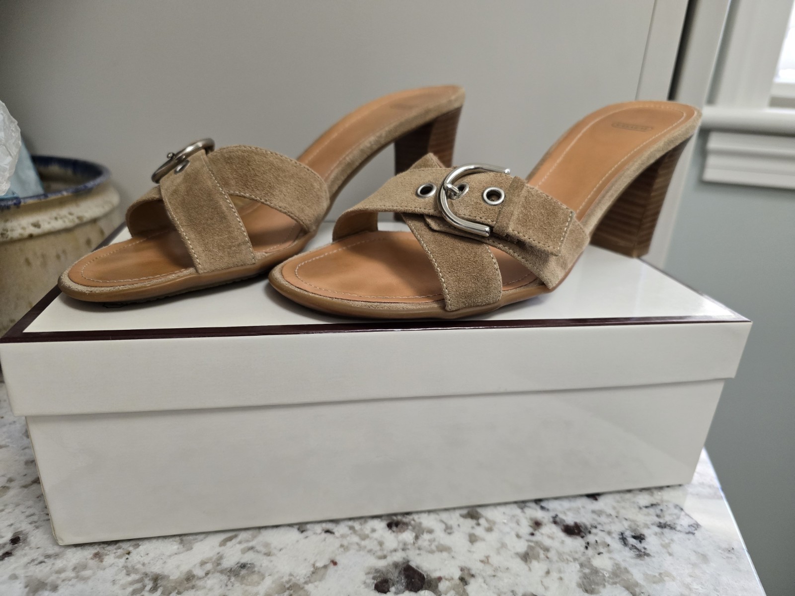 Vintage Coach Neena Suede Slide, Buckle, Women’s 8, Camel, W/Box Excellent Shape