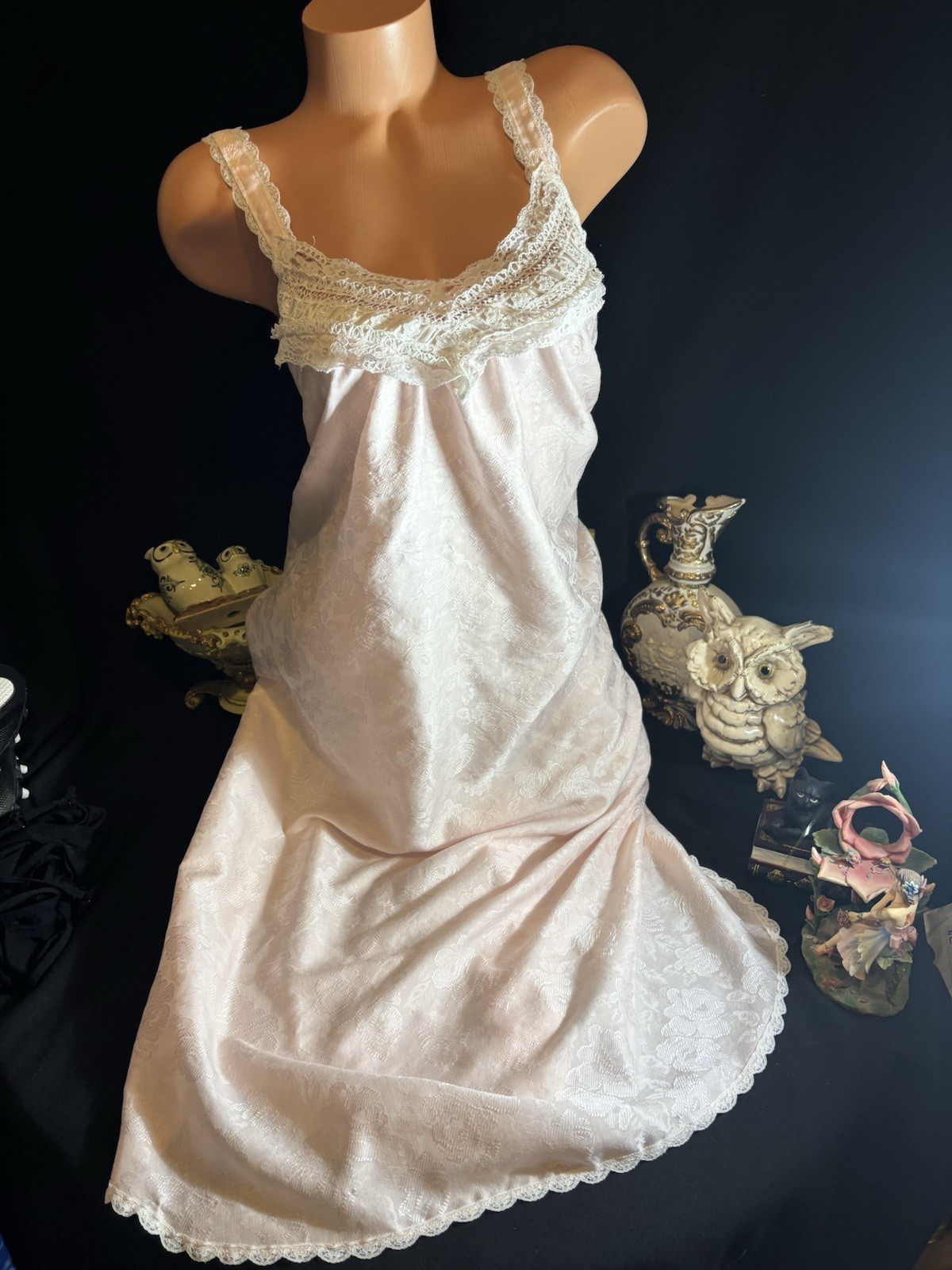 Vtg Satin Thin Pink Gown Shabby Chic Dress Lace Bodice Nightgown Negligee