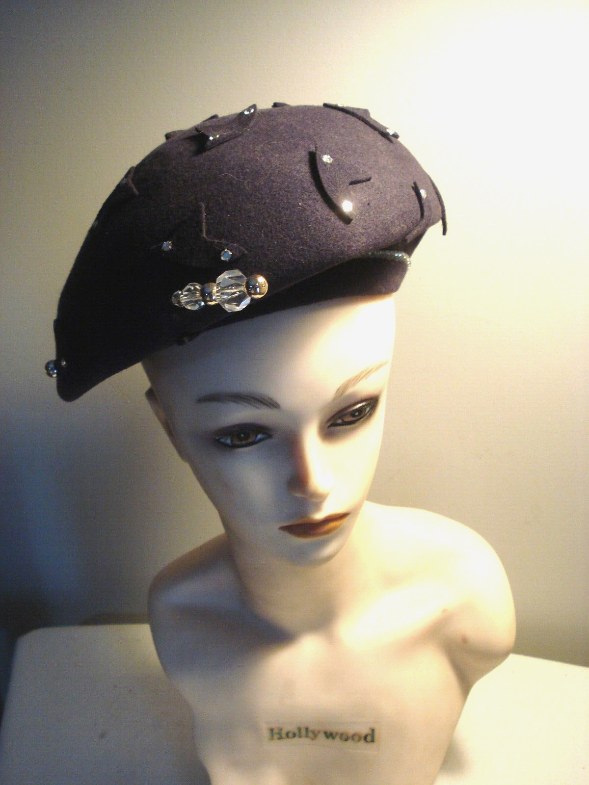 Vintage Very Pretty Mr. John Original Purple Colored Beret Hat Rhinestone trim