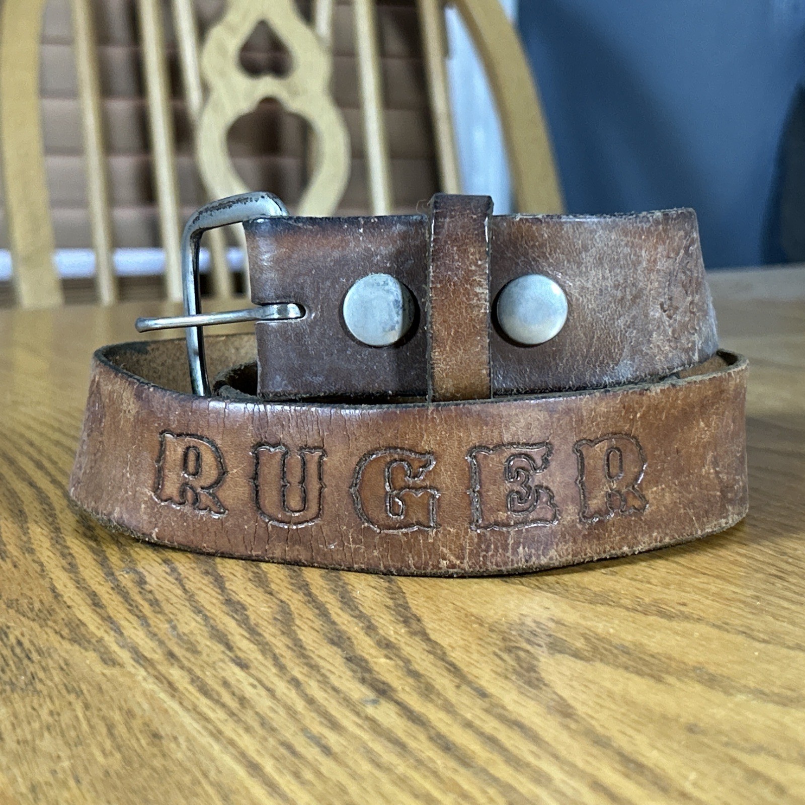 Vintage Ruger Tooled Leather Belt Thrashed Western Style Snowmobile 41.5″ 70s-80