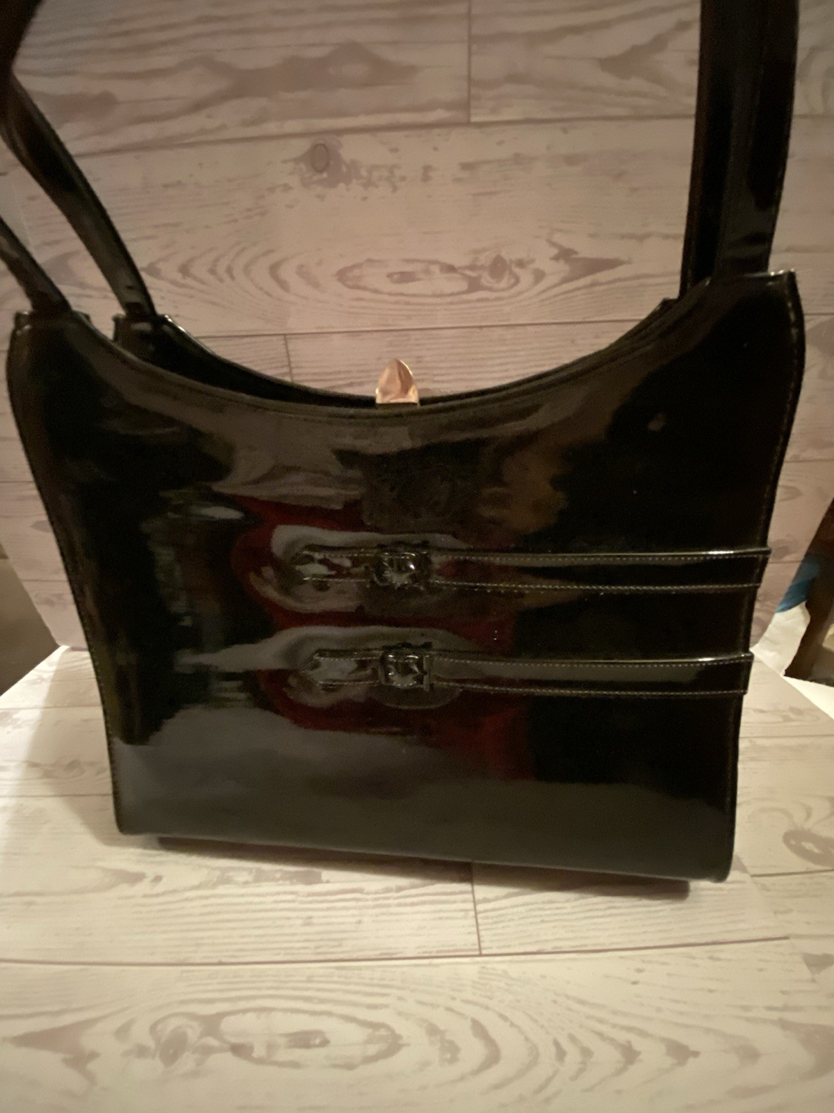Air Step Vintage Black Patent Leather Handbag With Strap Detailing