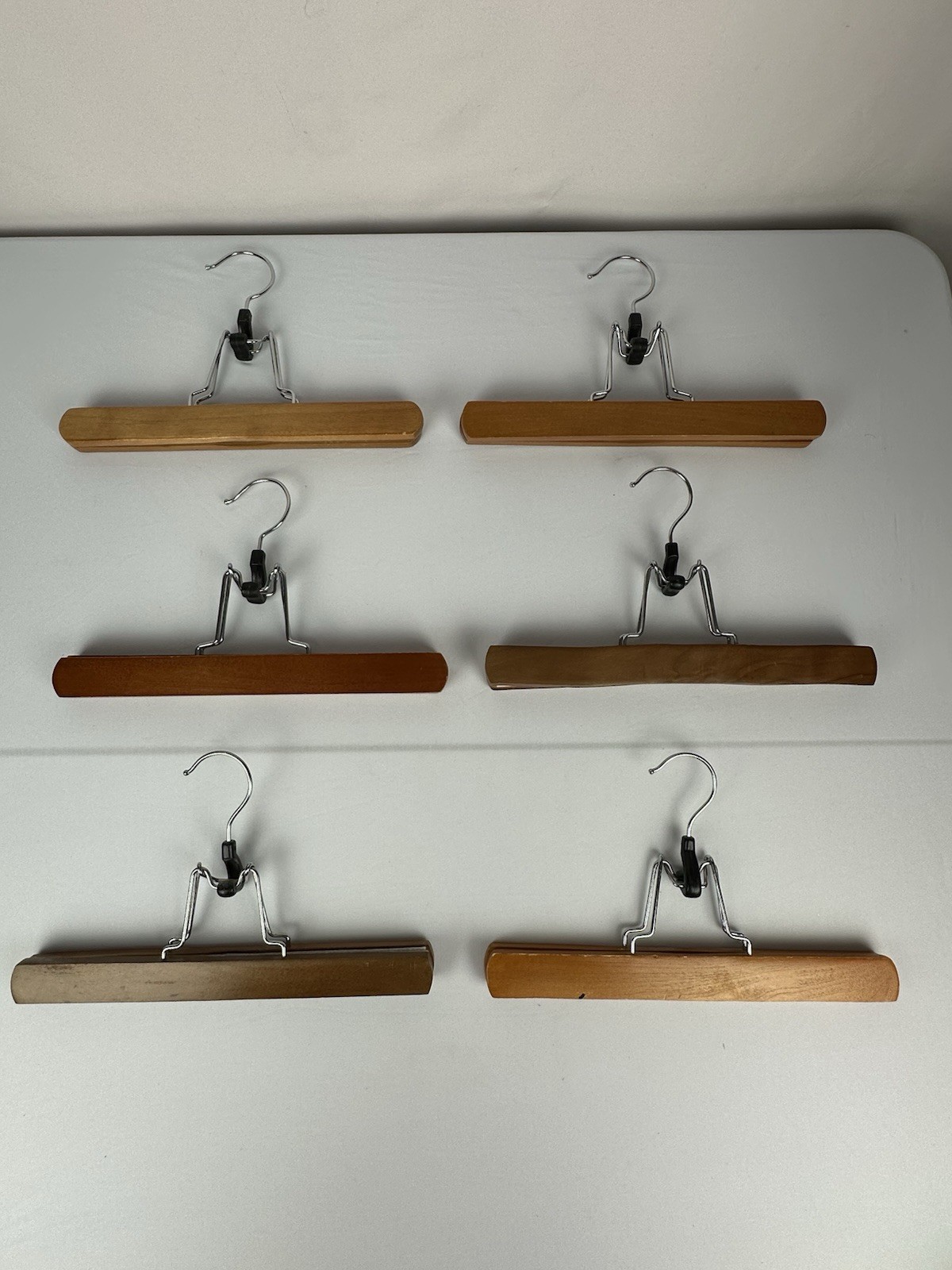 6 Pc Set Vintage Antique Wooden Metal Pants Skirt Hangers Clamp Clip 11″ 34