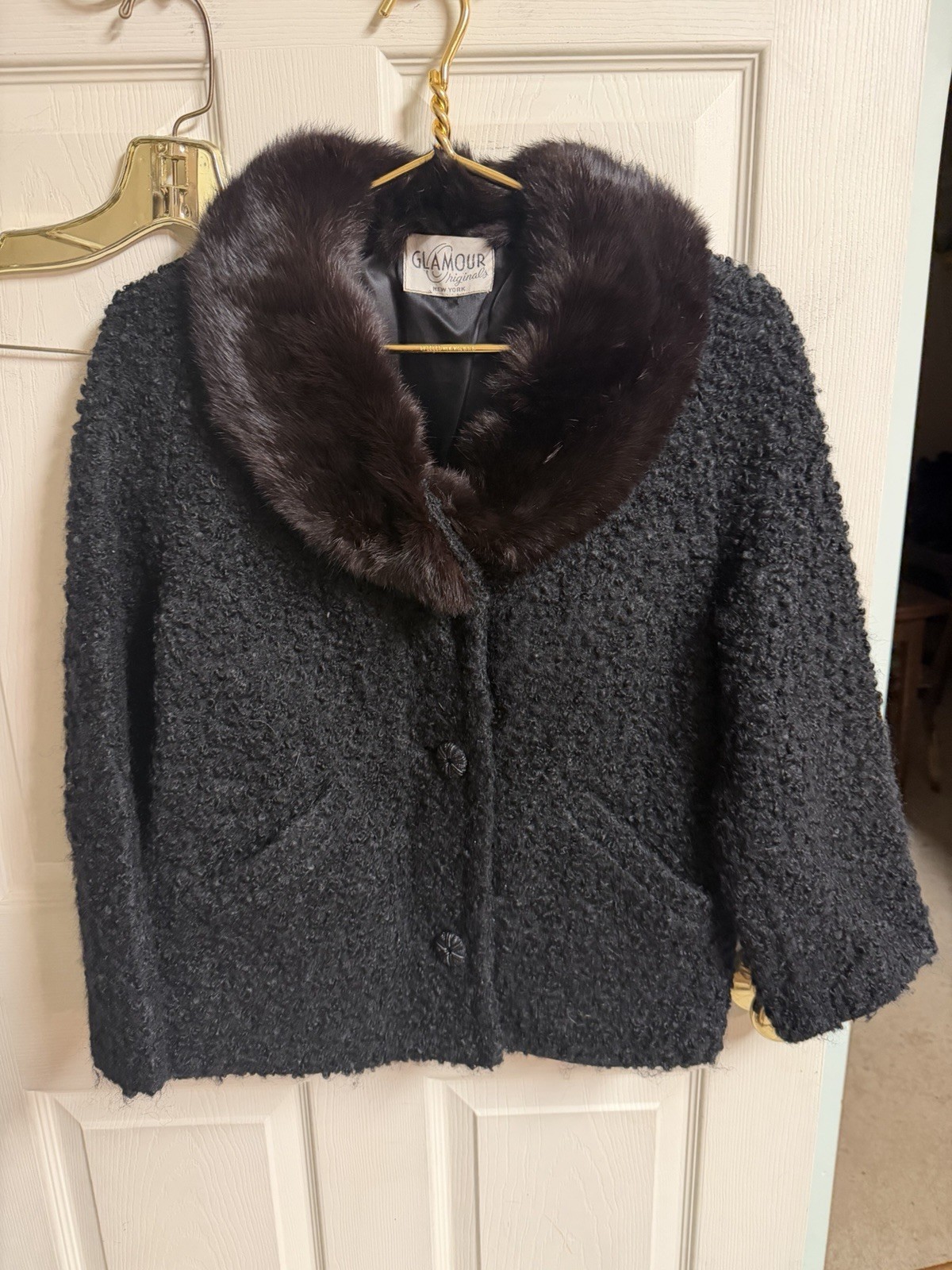 50s Black Curly Persian Lamb Coat Mob Wife Swing Jacket Mink Fur Collar Crop 40w