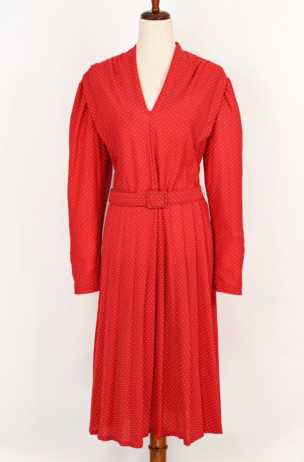 Vintage 80s Red & White Polka-dot JOAN CURTIS Long Sleeve Belted Midi Dress