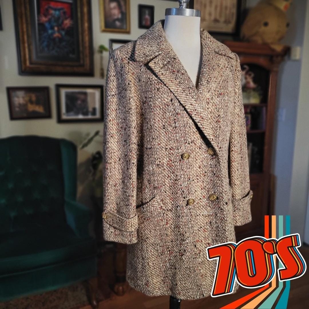 Tweed Blazer Vintage 1970s Loring Double Breasted Beige Multi Color Women’s Coat