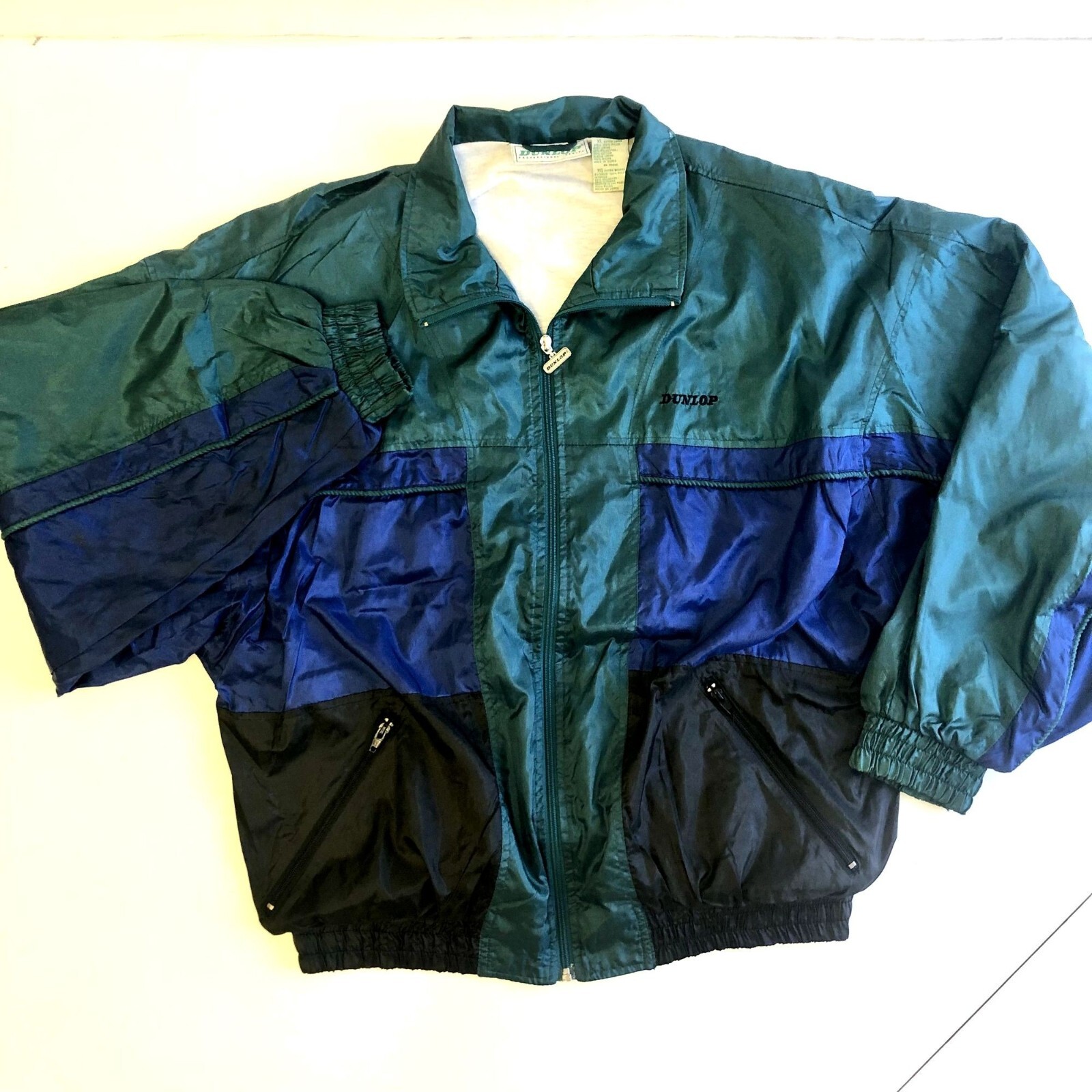 Vtg 80 90’s Dunlop SHINY Green COLOR BLOCK Nylon Windbreaker STREETWEAR Jacket