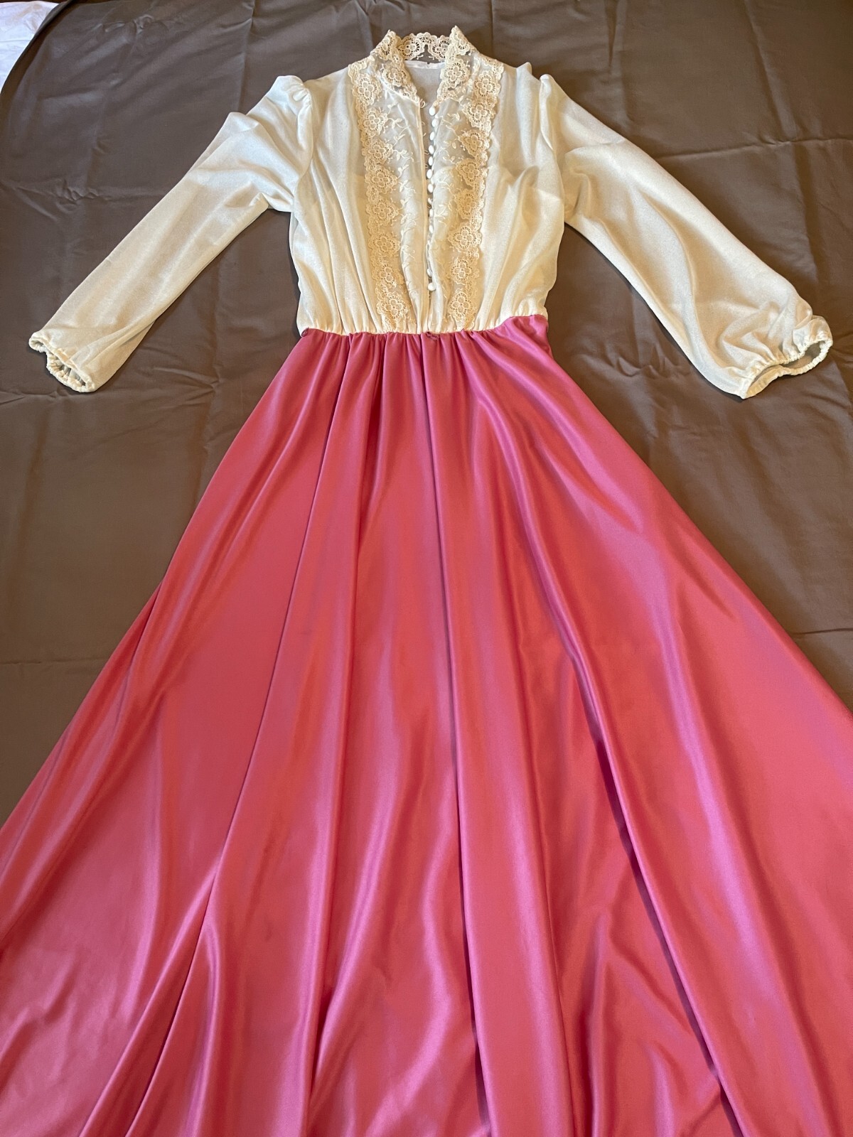 Vintage 1920s pink white Long sleeve sheer camisole long dress size S 57 in long