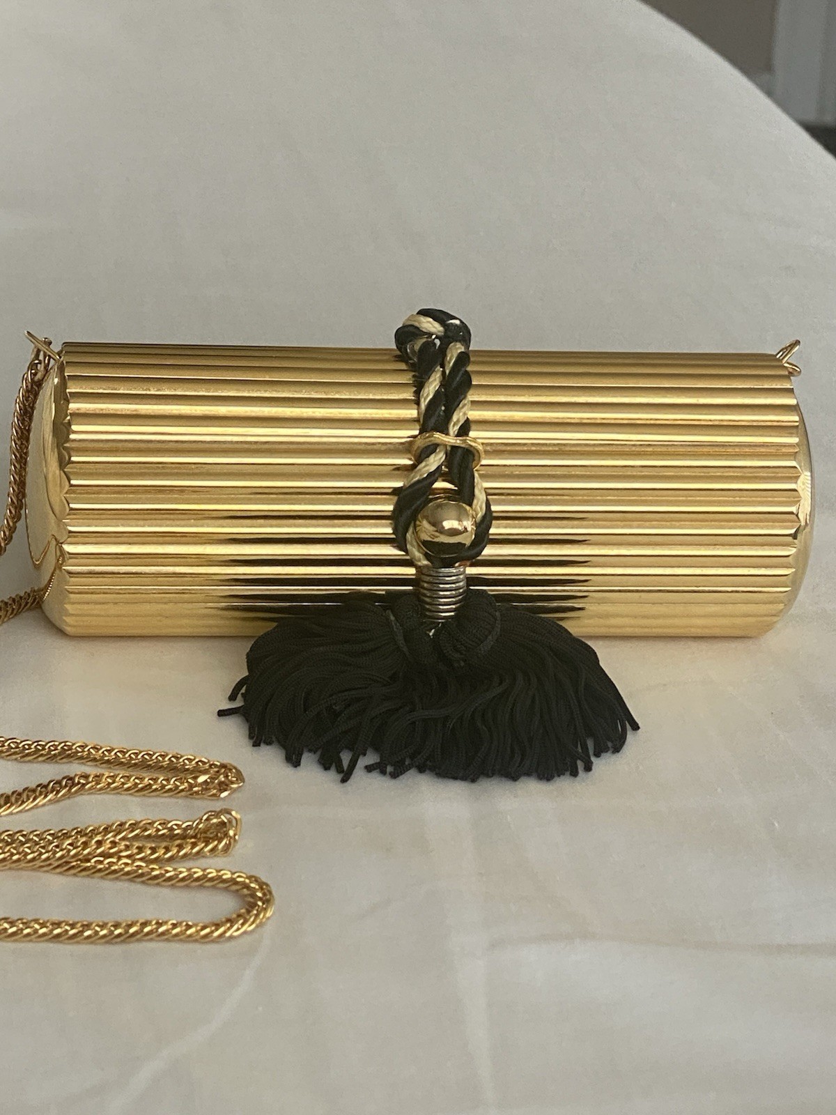 Vintage Made In Hong Kong Lancôme YEL Gold Tone Metal Evening Mini Purse.
