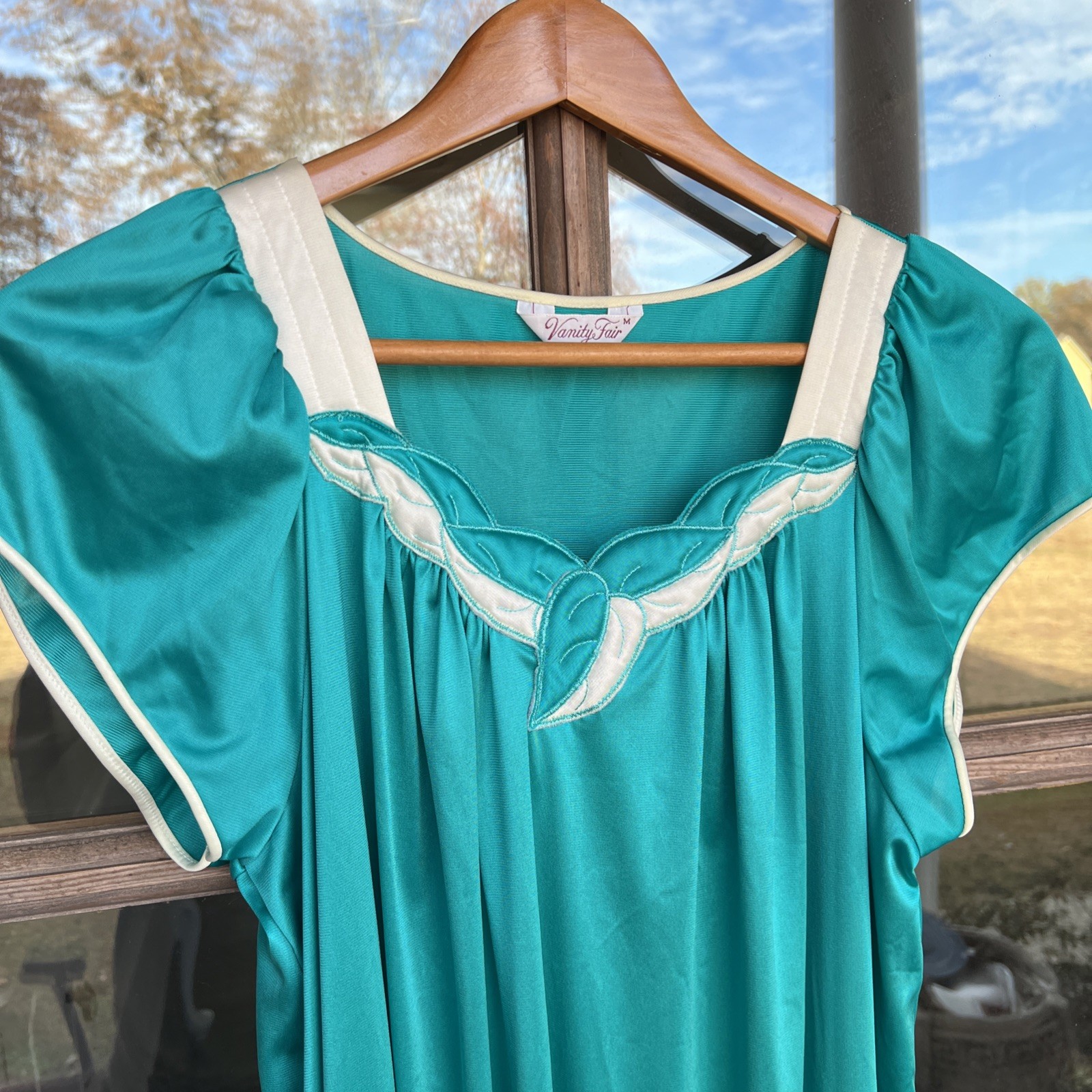 Vintage Vanity Fair Blue Green Teal Nylon Nightgown Peignoir Robe Set Medium
