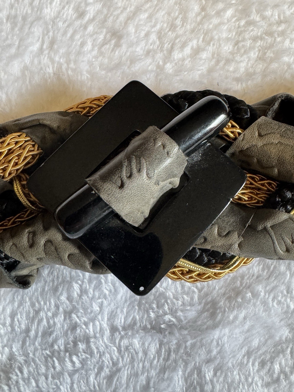 Vintage 80s Stretch Knot Braided Belt Leather Accents, Hook Closure Grey&Gold SM