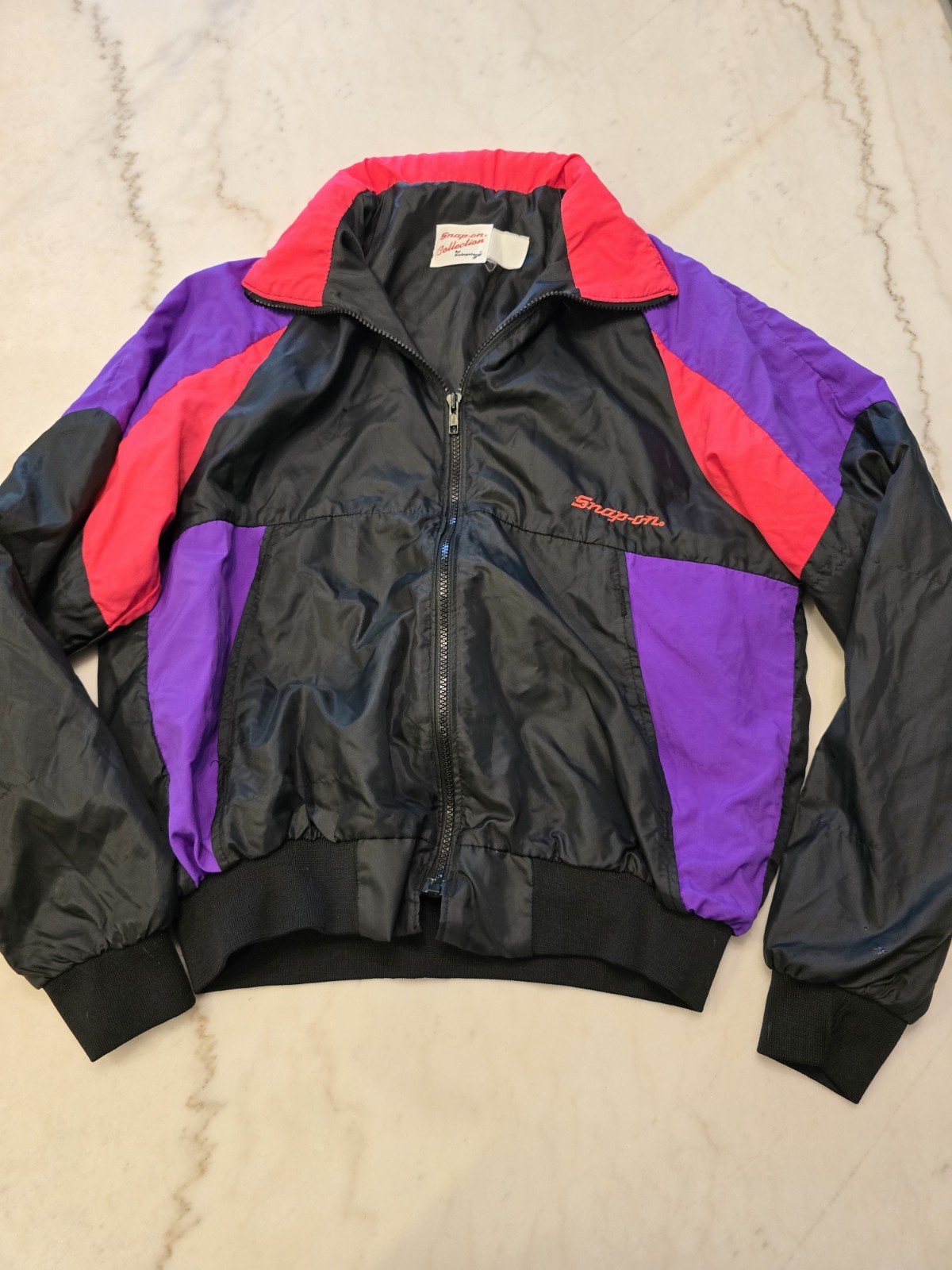 Vtg 90s Swingster Snap-On Vaporwave Black Pink Nylon Windbreaker Med