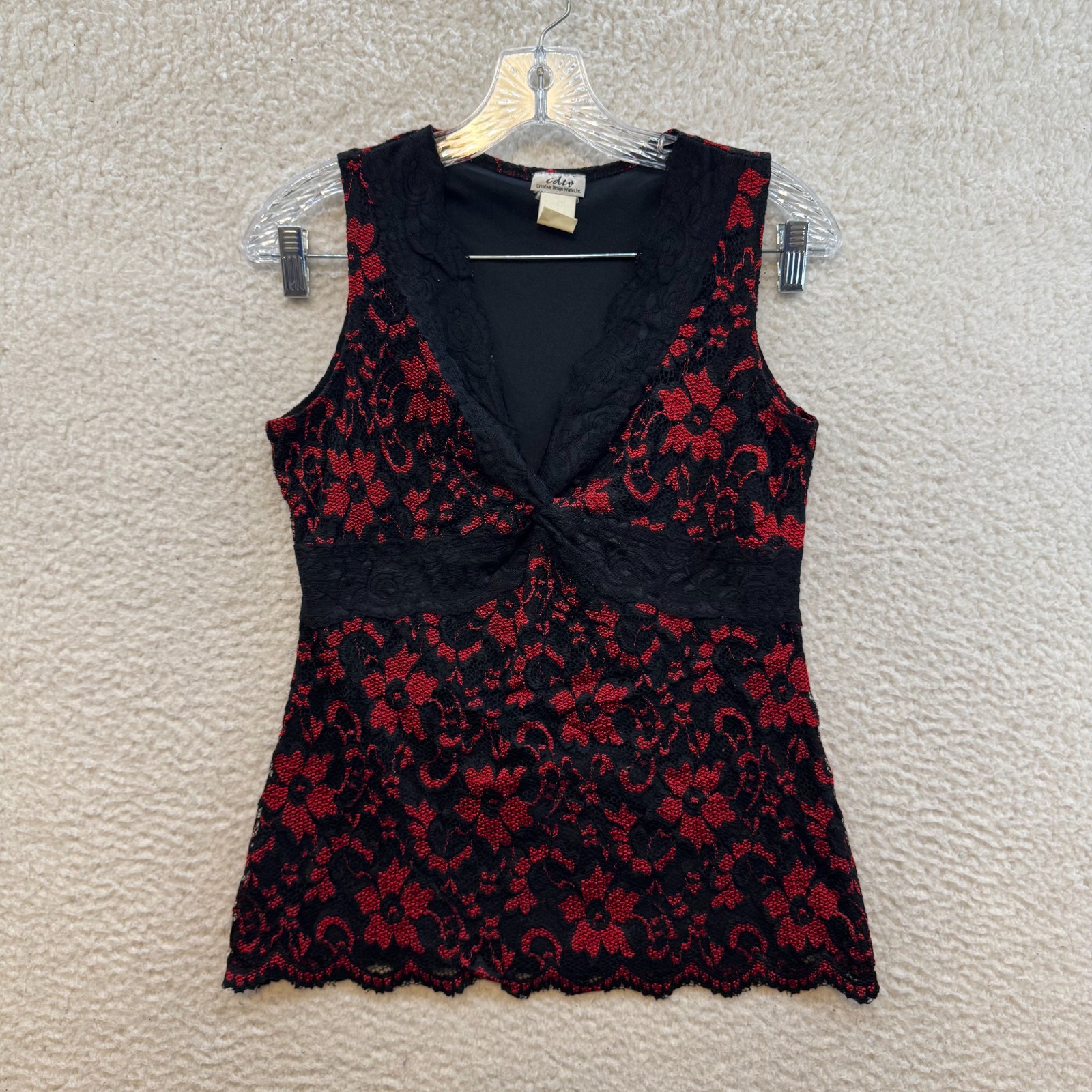 90s Y2K Vintage Top Medium Red Black Lace Stretch Boho Fairy Grunge Goth