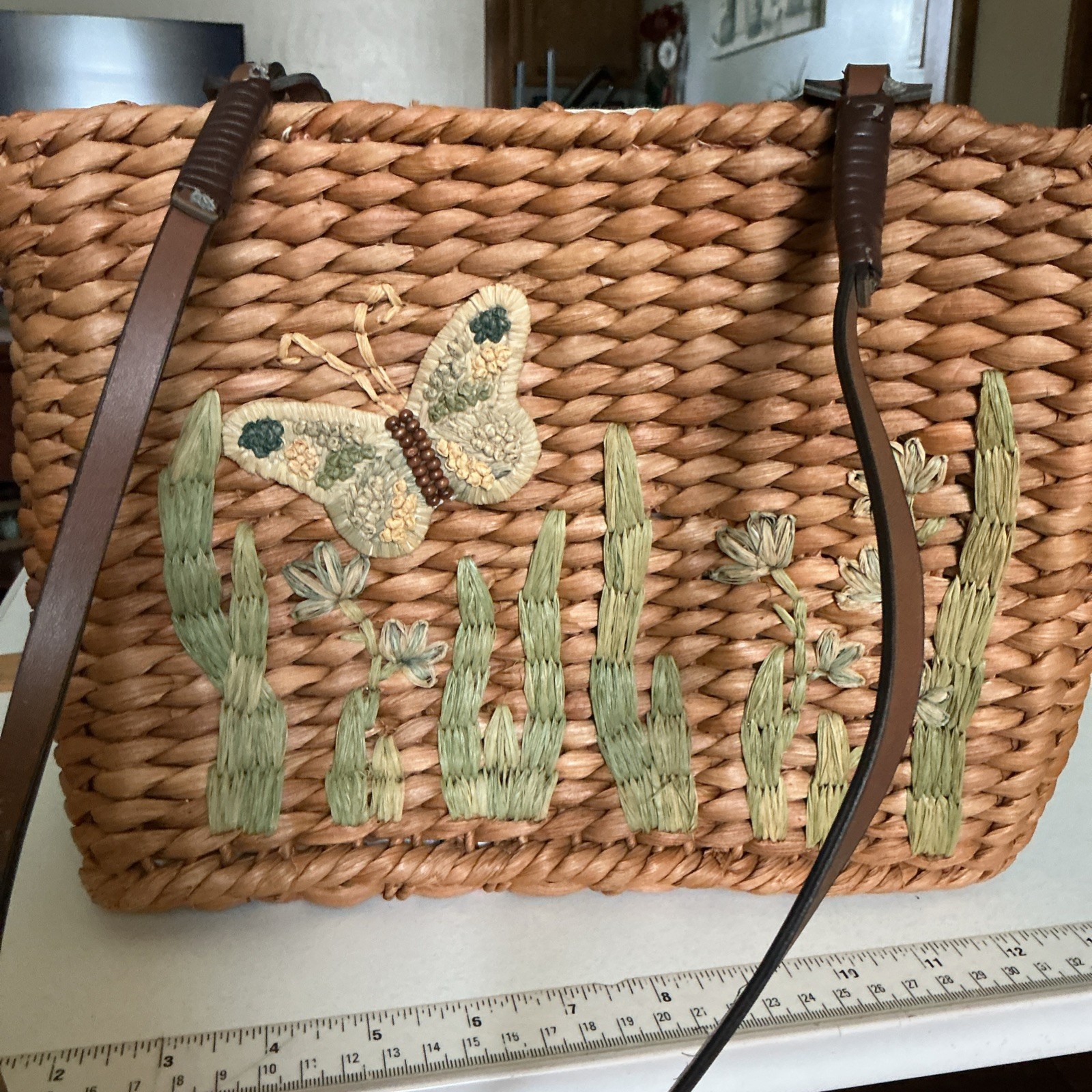 Vintage Chateau Straw Boho Butterfly Flowers Beads Embroidered Purse