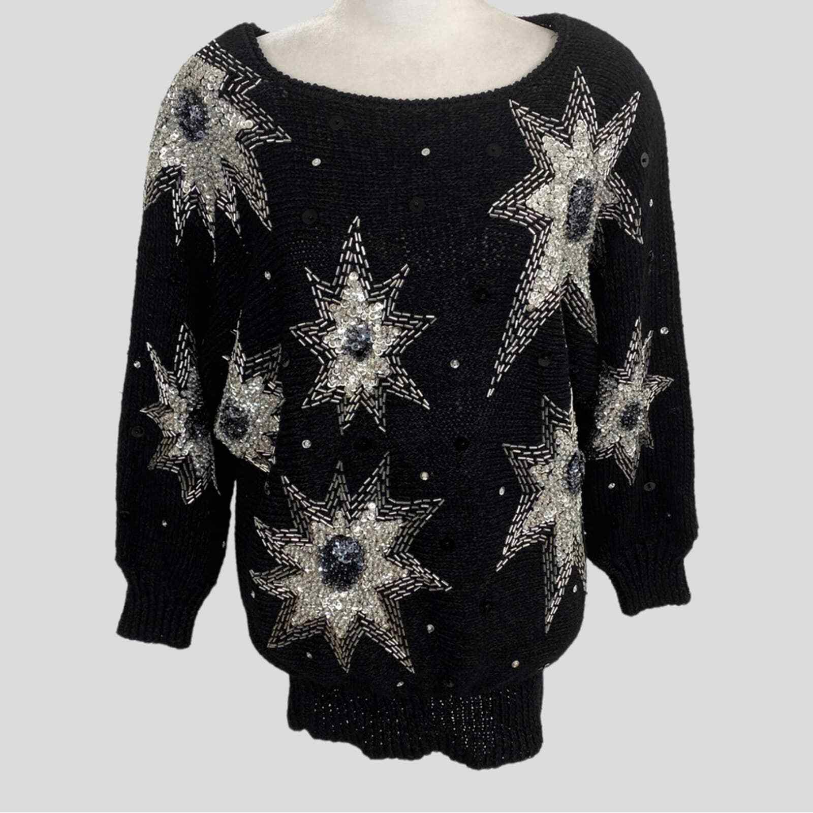 Vintage Nannell Black Silver Beaded Sequin Glam Star Sweater Small
