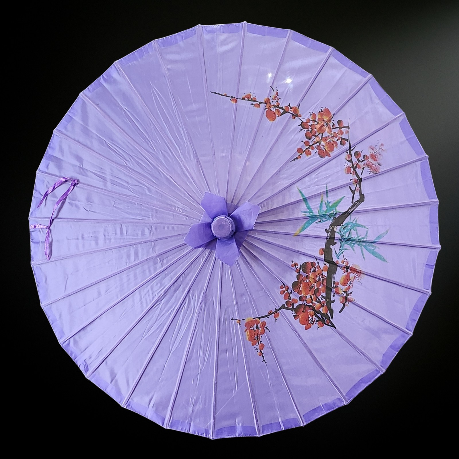 Asian Parasol Umbrella Hand-Painted Purple Nylon Fabric and Bamboo
