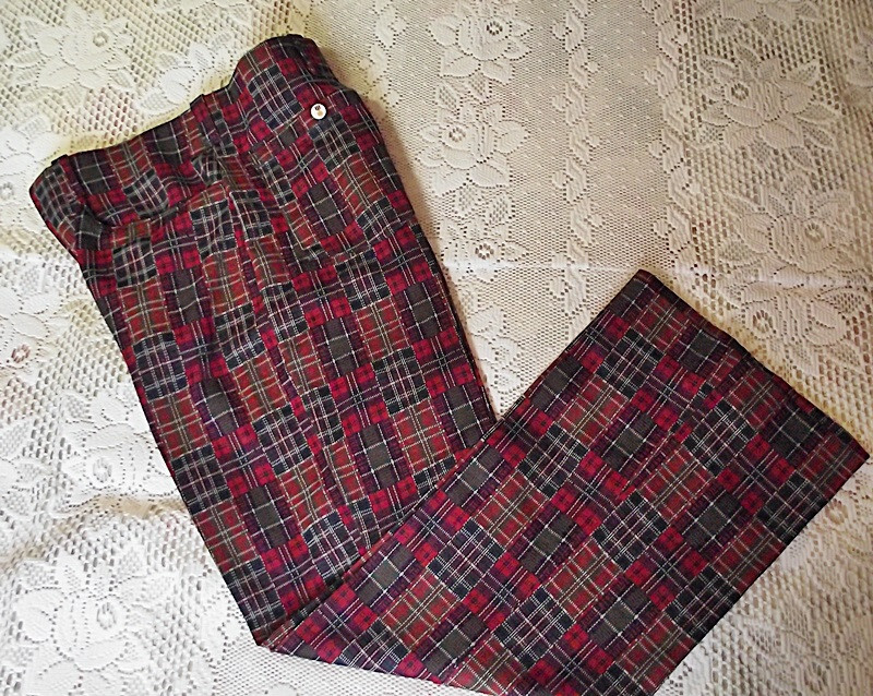 WOW Vtg 1970s Mens Polyester Golf Pants Knit Patchwork Plaid Medalist Sand Sz 34