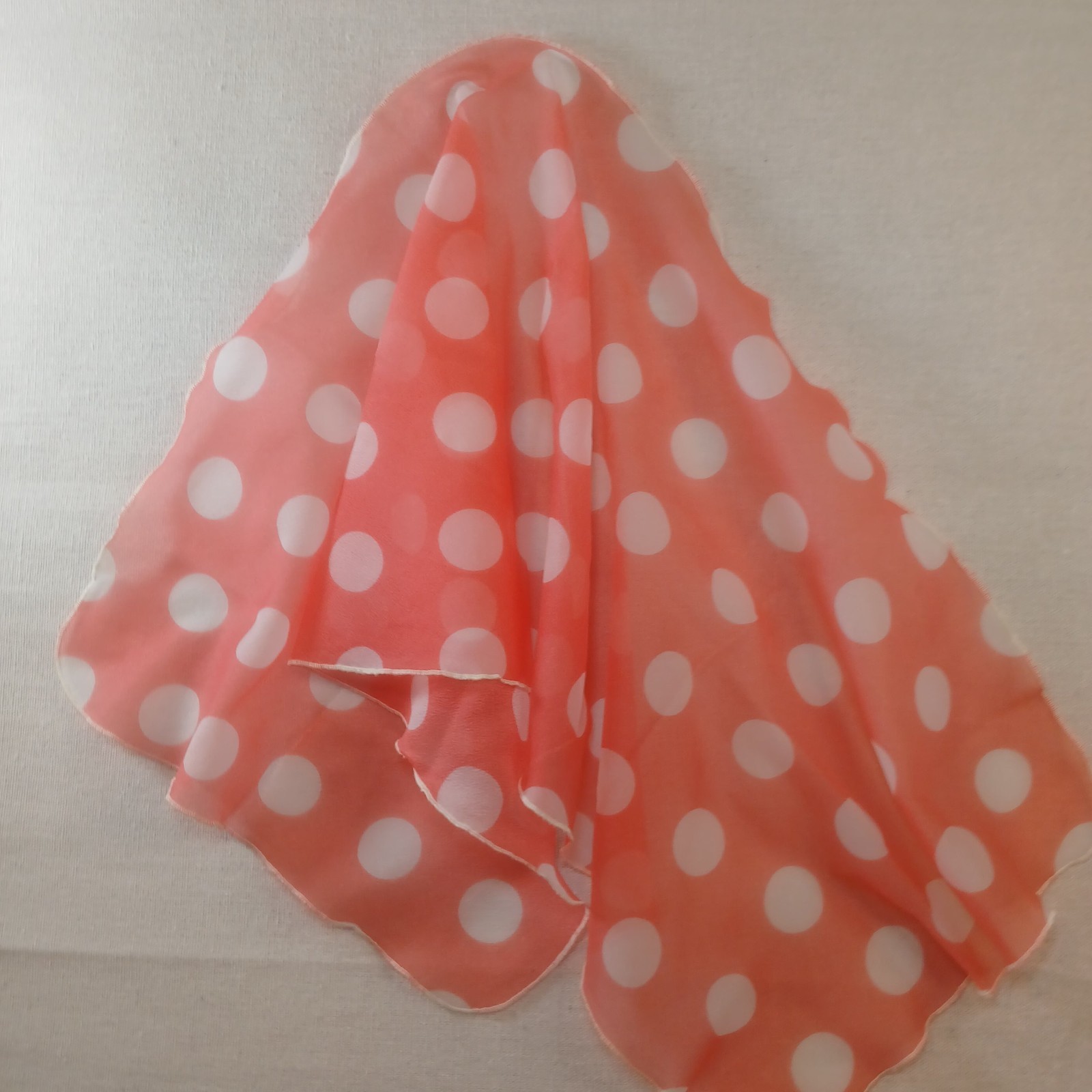 Vintage chiffon scarf peach with white polka dots 11×29 inches
