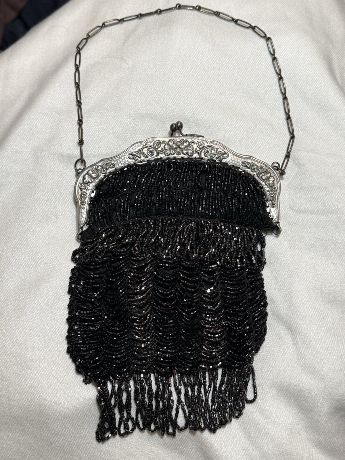 Antique 1920s Black Beaded Flapper Purse Art Deco Frame Fringe Evening Bag